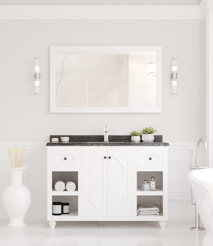 Odyssey, 48, White Cabinet With Black Wood Marble Countertop