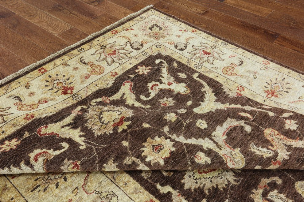 Oushak Pakistani Chobi Brown Hand-Knotted Wool Rug, 6'x9'