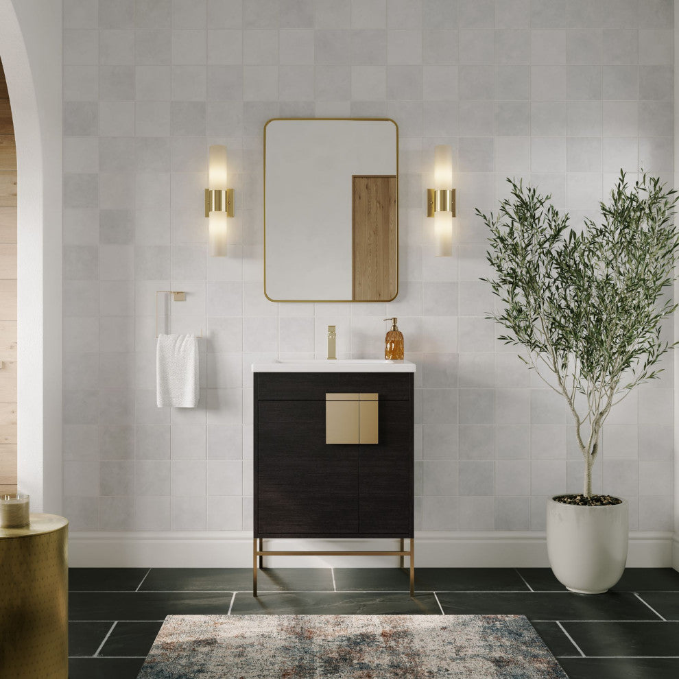 Lockhart Bath Vanity, Black Oak, 24", Satin Brass Hardware, Single Sink, Freestanding