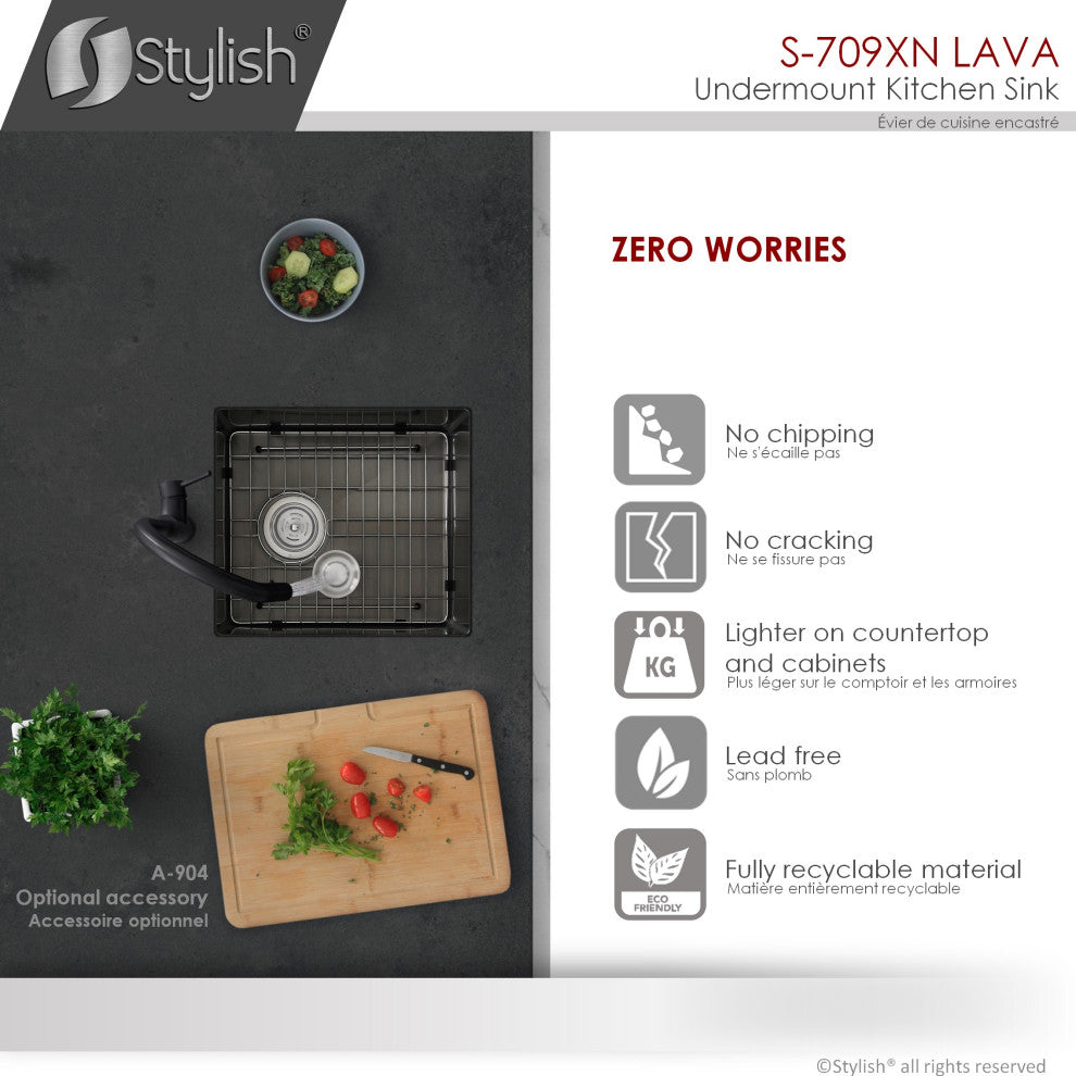 STYLISH 16in Graphite Black Single Bowl Undermount Stainless Steel Kitchen Sink