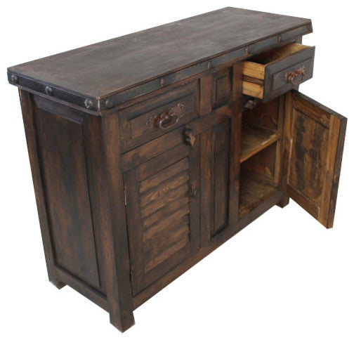Rustic Shutter Door Bathroom Vanity Buffet Cabinet, Dark Stain, 60"x22"x36", Side Drawers Fake
