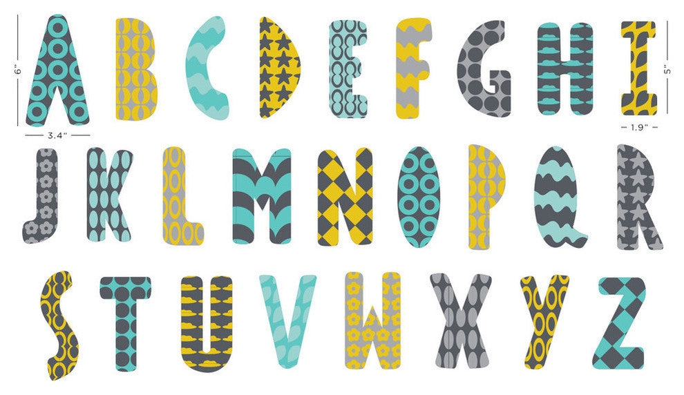 Modern Alphabet Fabric Wall Decals in Orange, Grey, Turquoise, Black