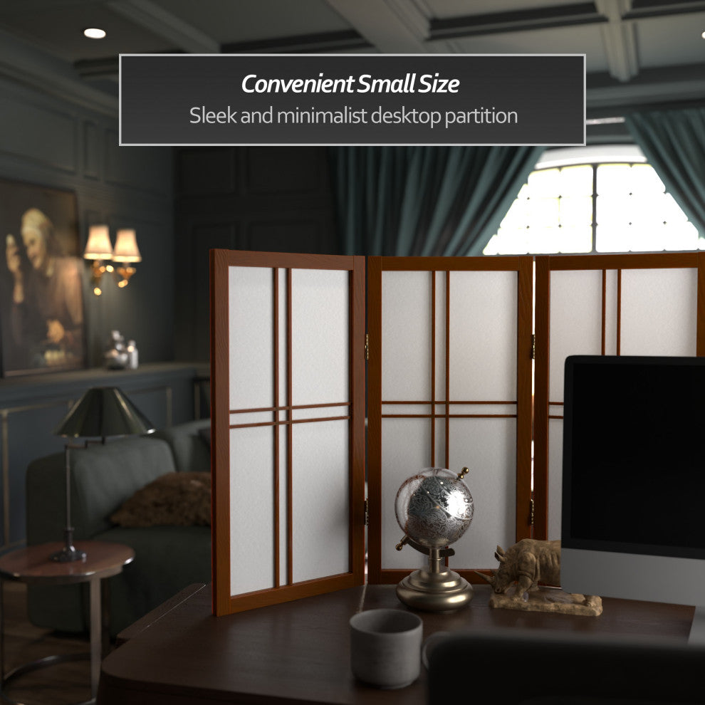 2' Tall Desktop Double Cross Shoji Screen, Walnut, 4 Panels