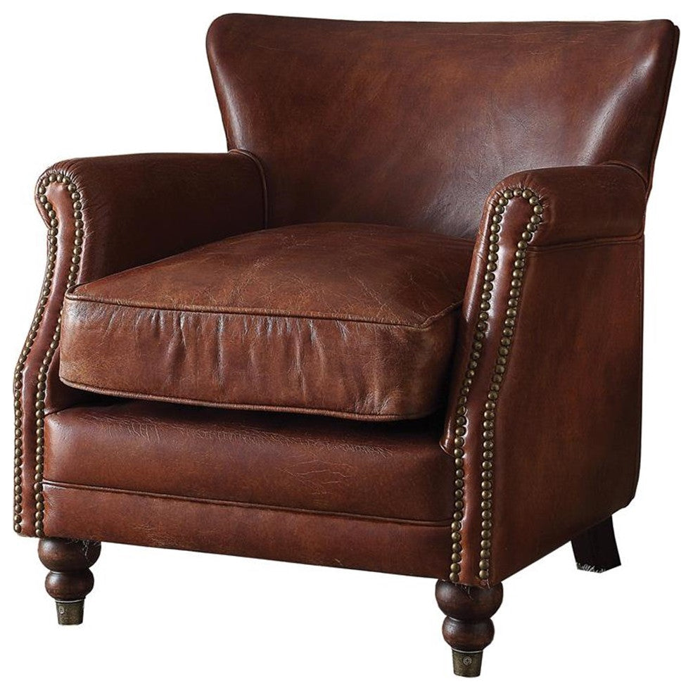 ACME Leeds Top Grain Leather Upholstery Accent Chair in Vintage Dark Brown