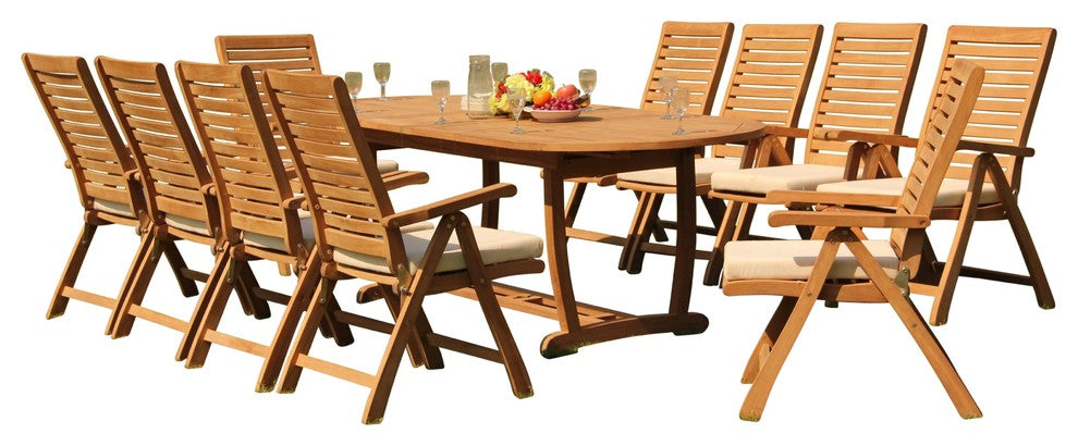 11-Piece Outdoor Teak Dining Set, 94" Masc Oval Table 10 Ashley Reclining Chairs