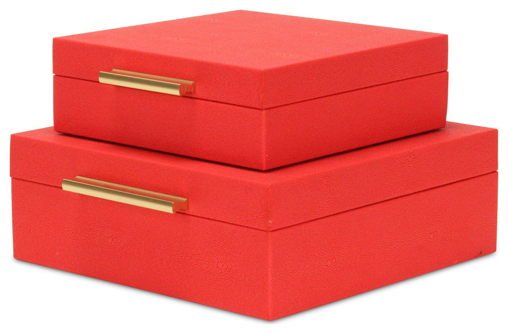 Lusan Square Decorative Box Set, Red Faux Shagreen