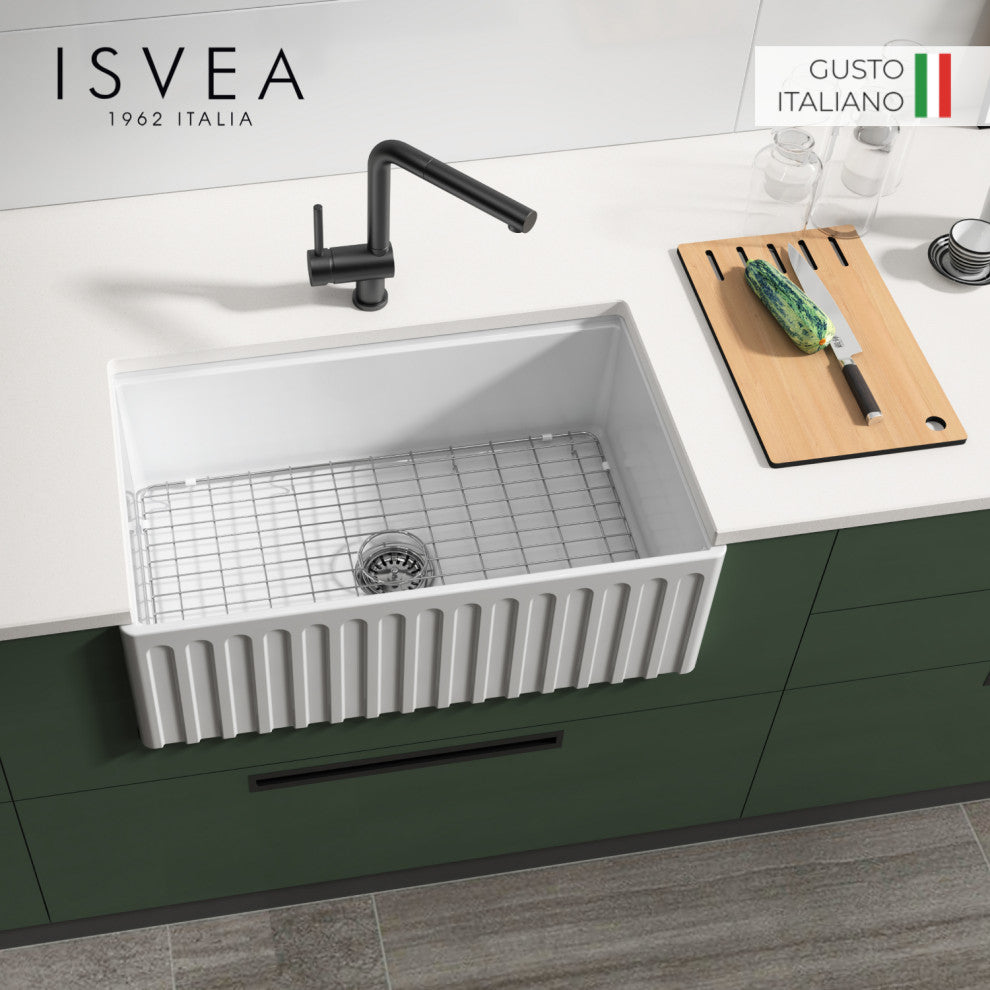 ISVEA 30" Apron Front Single Bowl Farmhouse Fireclay Kitchen Sink, Workstation