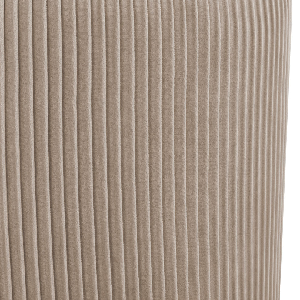 Round Pleated Golden Base Velvet Ottoman, Khaki