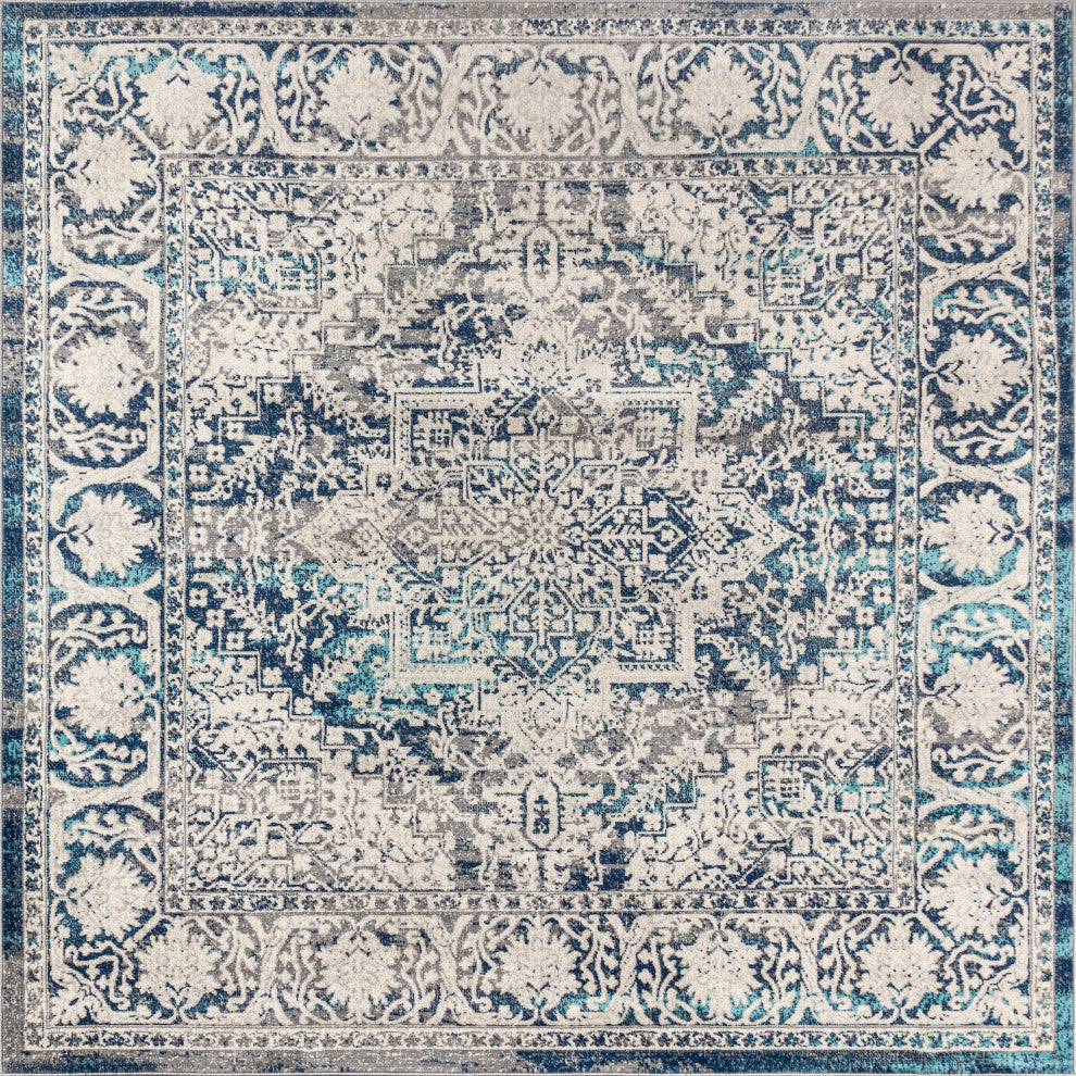 Modern Persian Vintage Medallion Area Rug, Blue, 8' Square