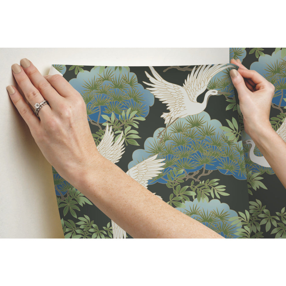 Sprig and Heron Black Wallpaper