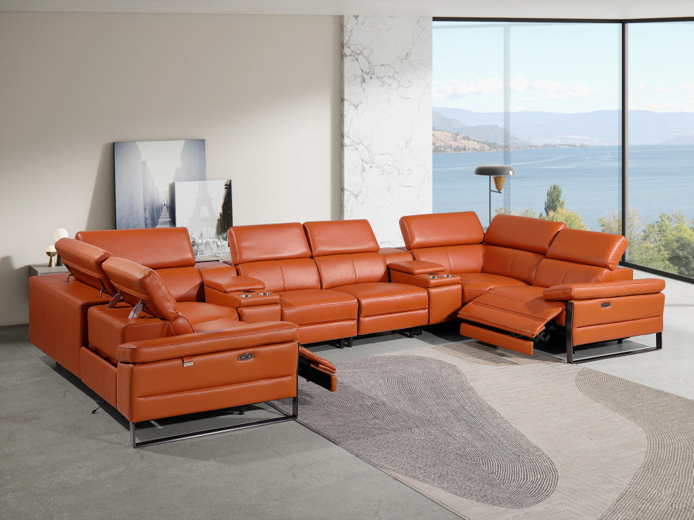 Antonio Italian Leather 8-Piece U-Shaped Power Reclining Sectional, Camel