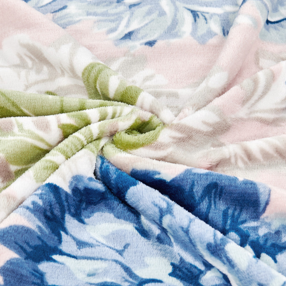 Floral Printed Flannel Throw, Geranium Blue