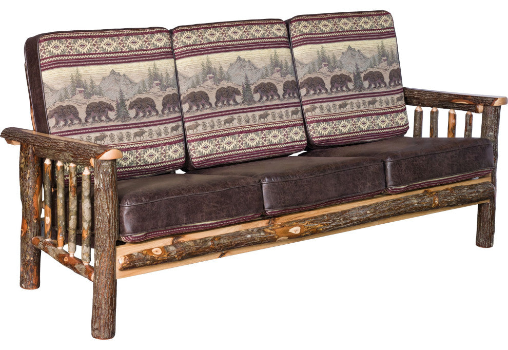 Hickory Log Living Room Sofa with Faux Brown Leather Accents, Bear Mountain