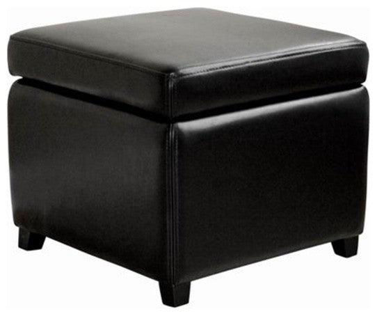 Full Leather Small Storage Cube Ottoman, Black