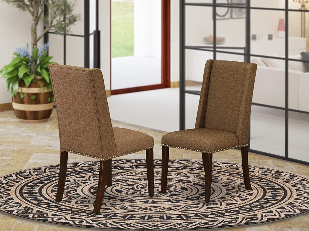 Set of 2 Parson Dining Chairs, Nailhead Trim, Linen Fabric Upholstered, Brown Beige