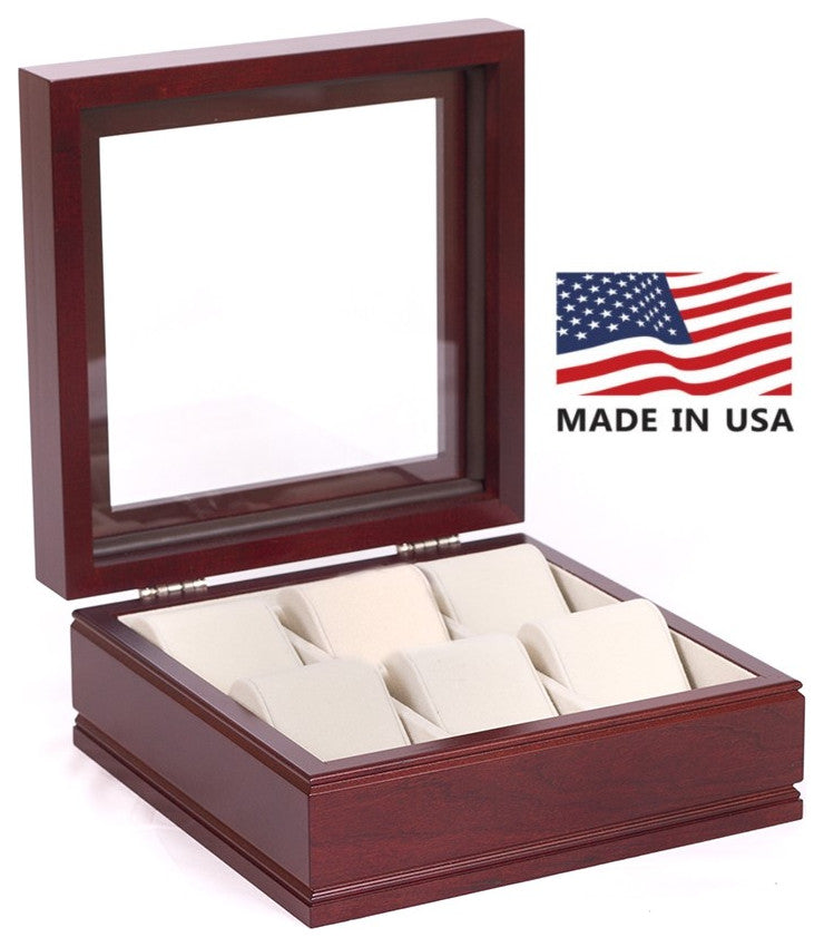 The Lieutenant; SIX Watch, Glass Top Chest featuring 6 Suede "watch pillows", Rich Mahogany