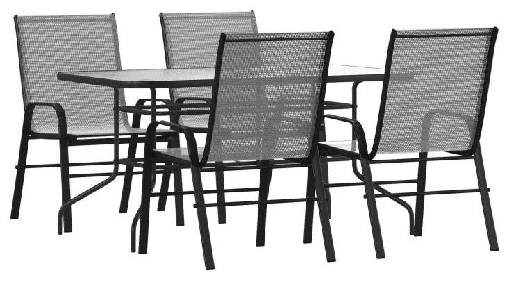 Brazos 5 Pc Outdoor Dining Set - 55" Tempered Glass Patio Table, 4 Stack Chairs,