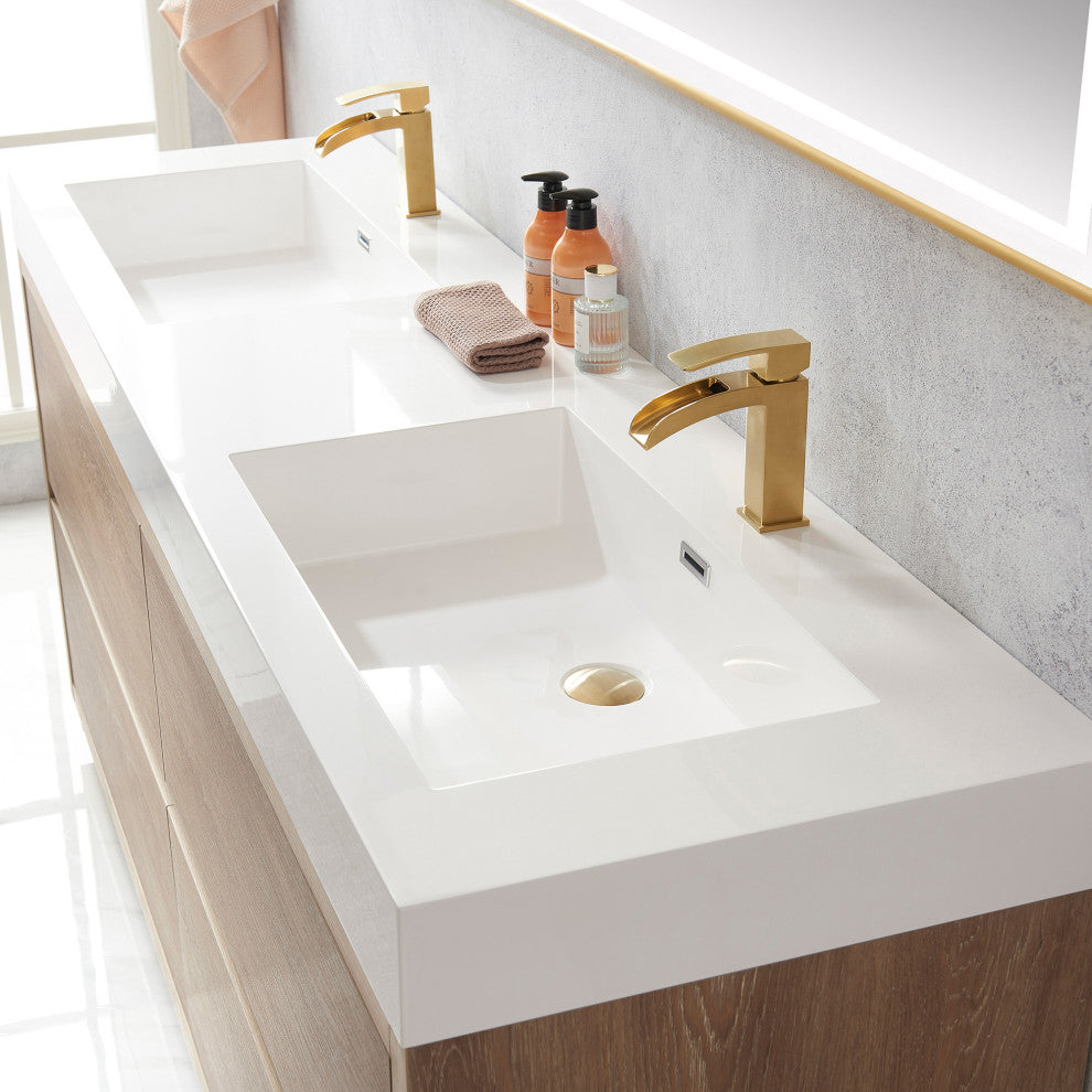 Huesca Bath Vanity, Integrated Sink Top, North American Oak, 72", With Mirror