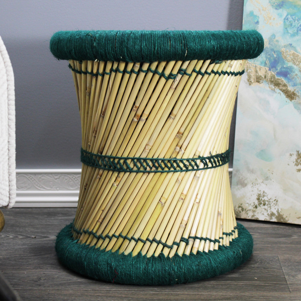 Natural Geo Moray Decorative Handwoven Jute Accent Stool, Teal