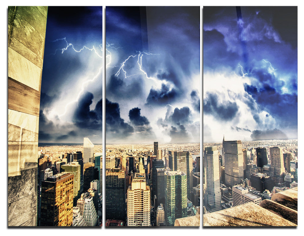 "Storm Above Manhattan Skyscrapers" Photo Metal Wall Art, 3 Panels, 36"x28"