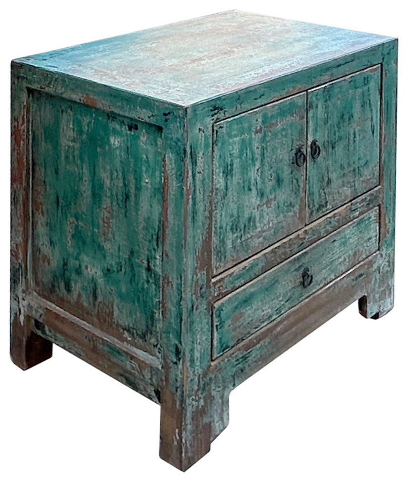 Oriental Distressed Teal Blue Green End Table Nightstand Chest