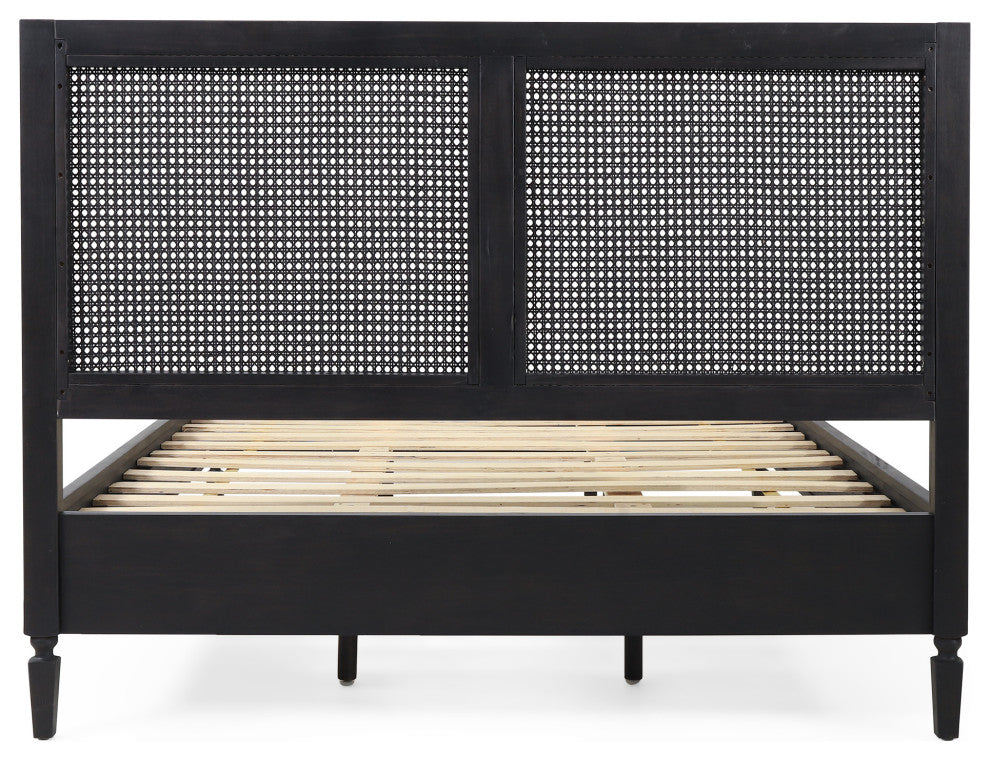 GDF Studio Rustic Acacia Wood Rattan Platform Bed, Queen, Dark Gray