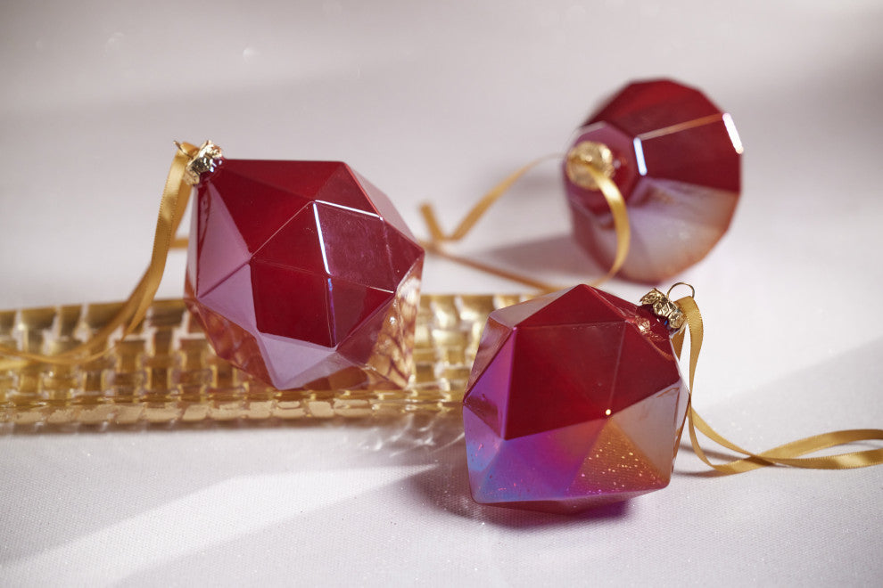 6-Piece Set Red Luster Faceted Glass Hanging Ornaments, Octagon