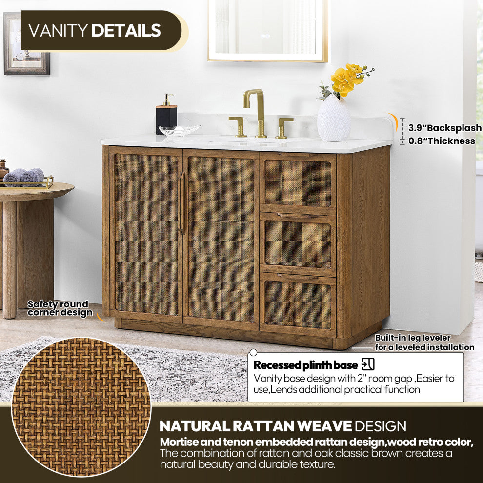Busan Bath Vanity, Quartz Top No Mirror, Oak Classic Brown, 48", Single Vanity