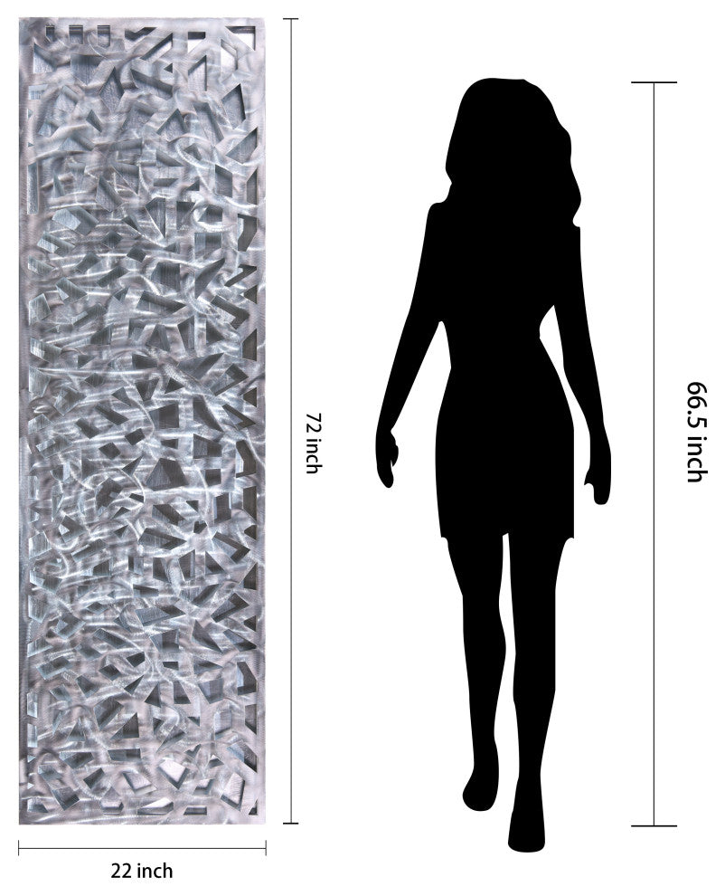 "Silver Enigma" Polished Steel Sculpture Abstract Wall Art, Silver Leaf, 72"x22"