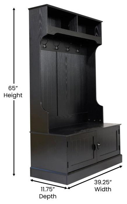 Fraser 40" Double Door Storage Bench, Coat Rack and 2 Upper Storage Cubbies, Black