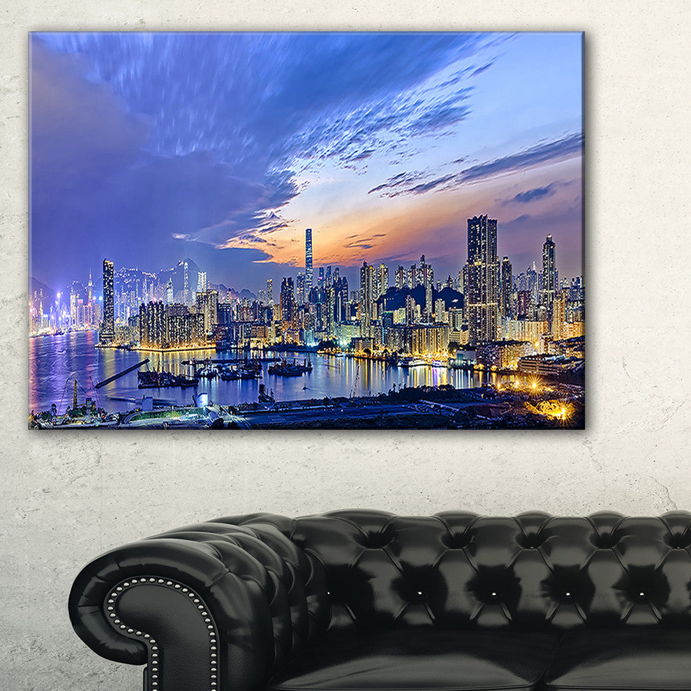 "Hong Kong City Sunset Panorama" Cityscape Artwork Canvas, 40"x20"