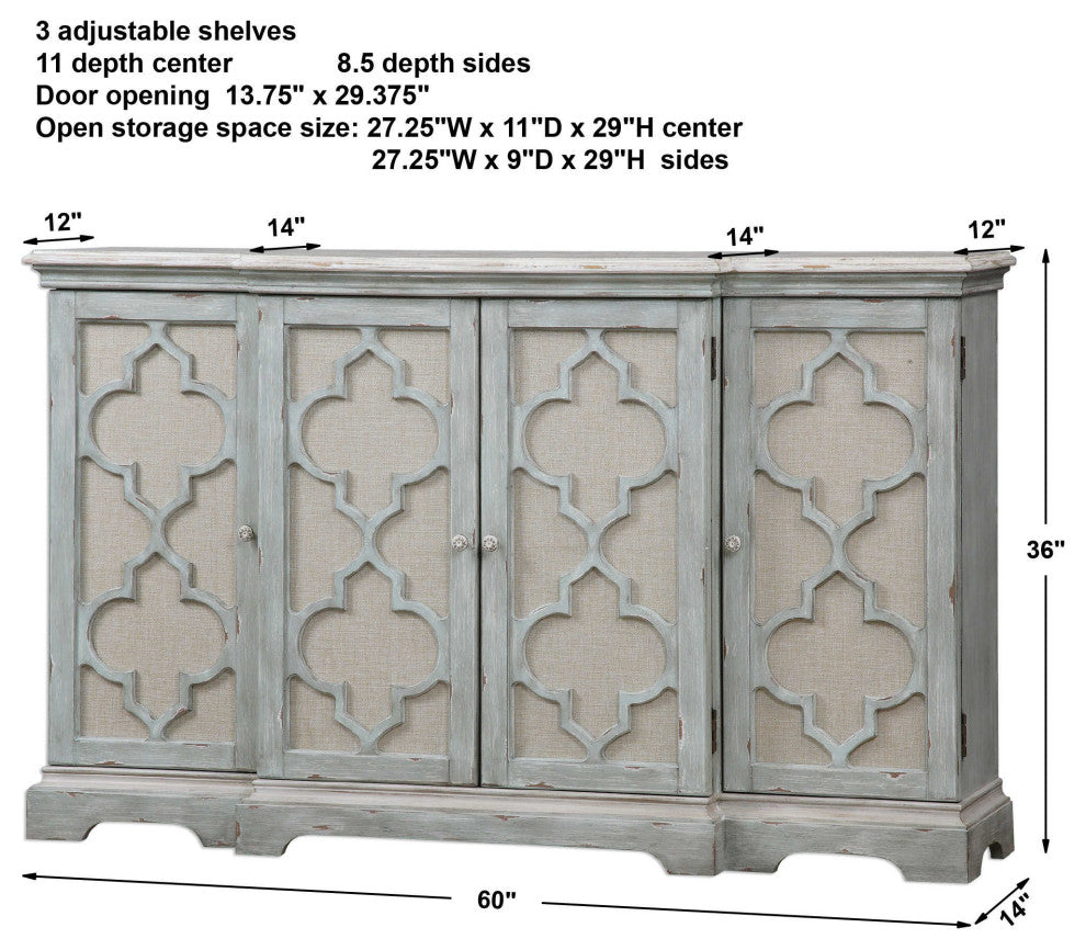 Ivory Gray Quatrefoil 4-Door Cabinet, Entertainment TV Center