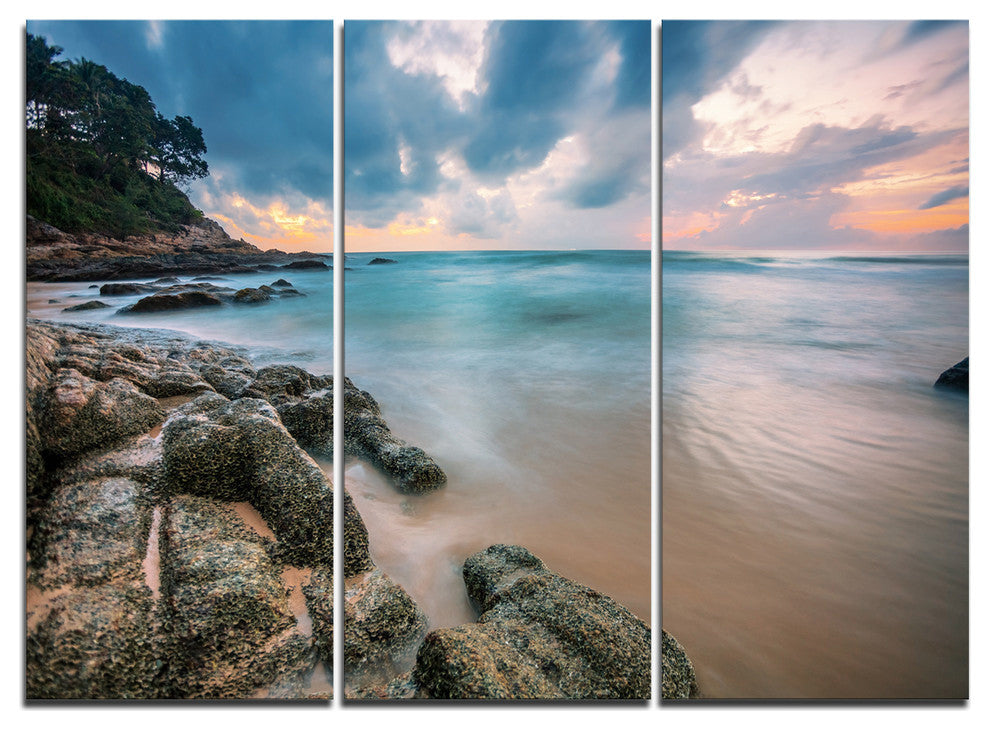 "Gloomy Tropical Sunset Beach" Metal Wall Art, 3 Panels, 36"x28"