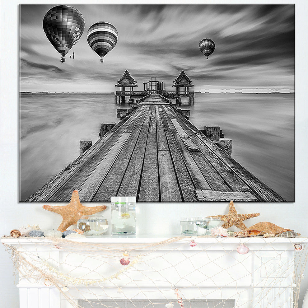 "Wood Bridge in Port Between Sunrise" Sea Bridge Canvas Wall Artwork, 32"x16"