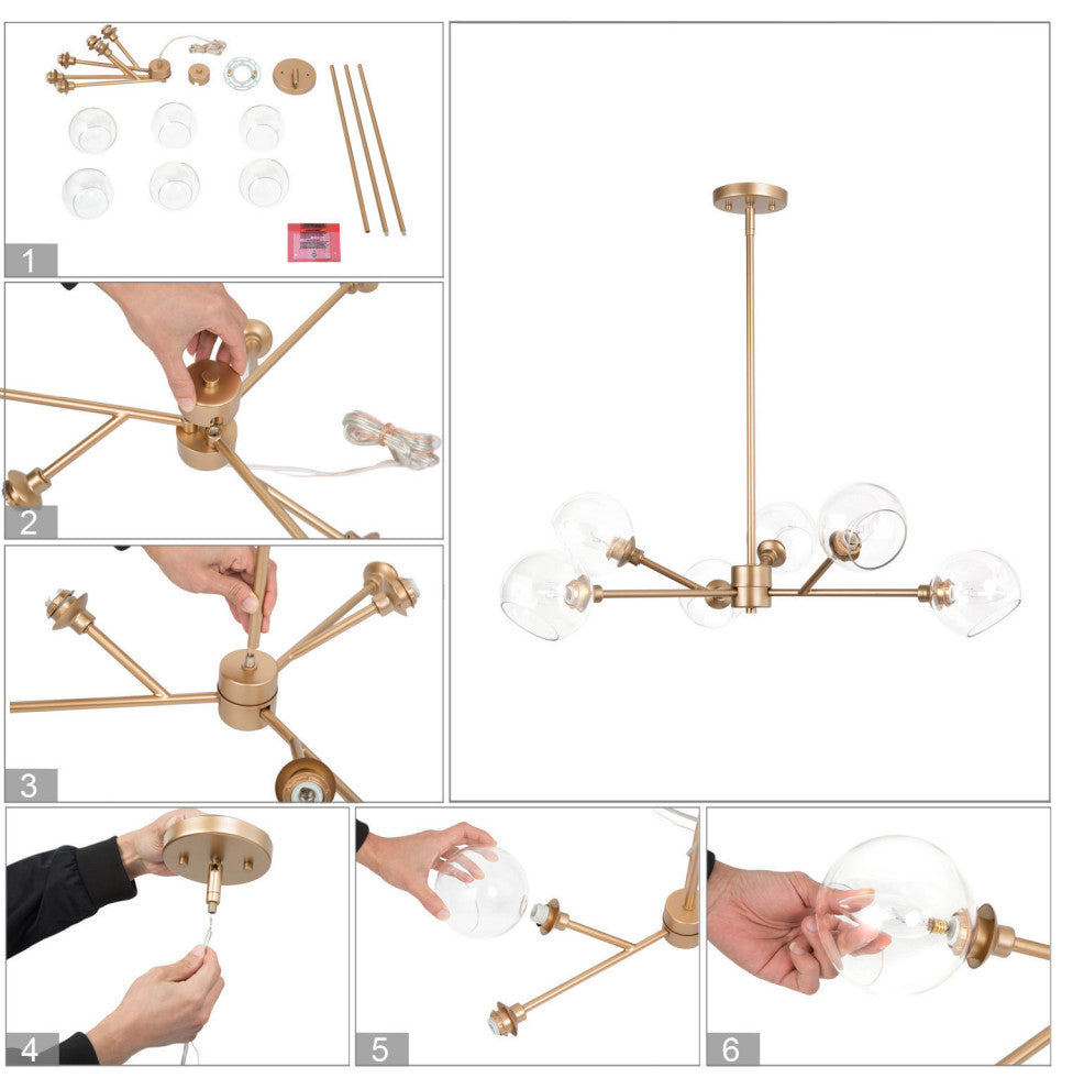 6-lights gold chandelier with glass ball