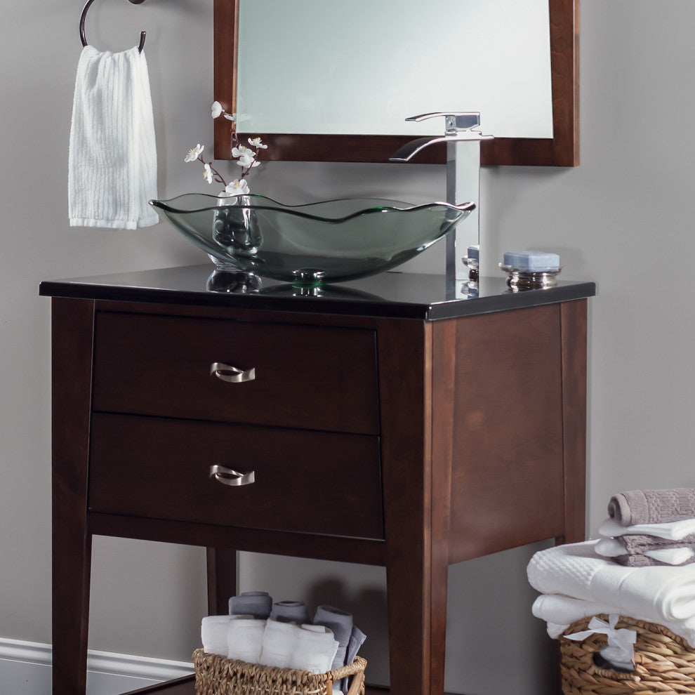 Clear Scalloped Tempered Glass Vessel Bathroom Sink Combo with Faucet and Drain, Chrome