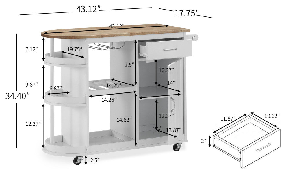 Chloe Kitchen Cart With Wheels, White and Natural