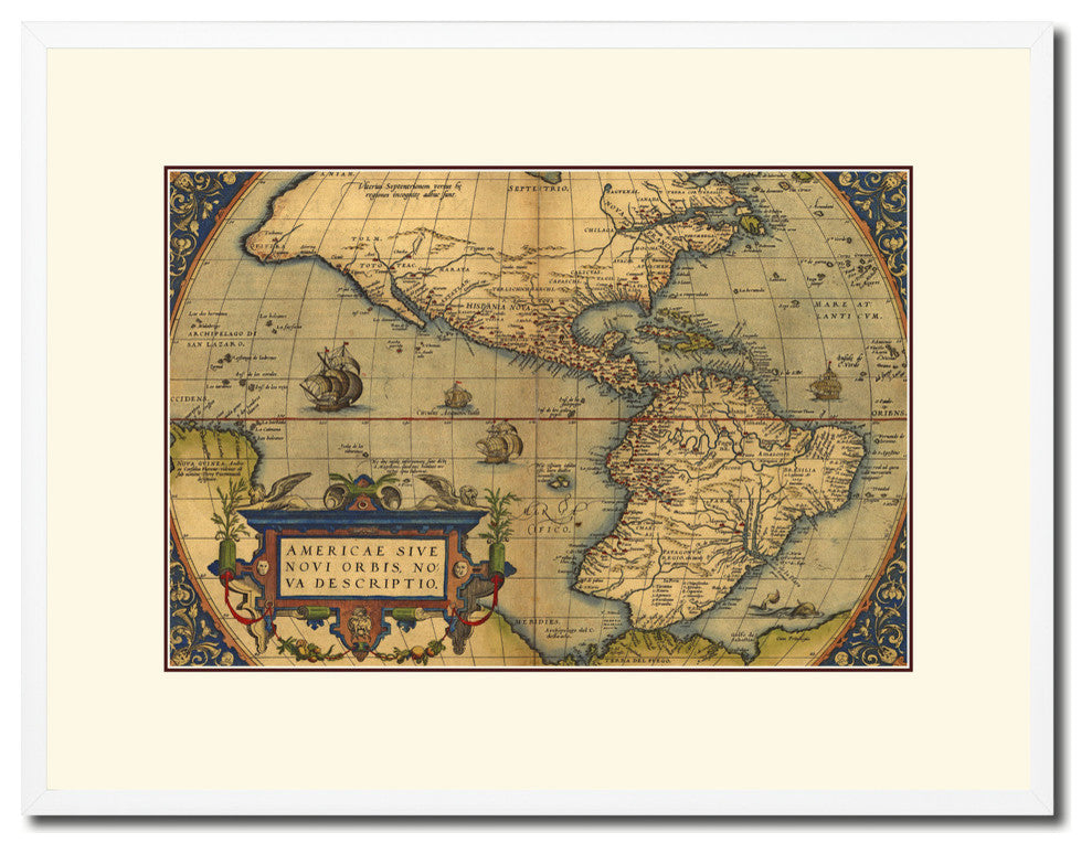 North South America Old Map Print On Canvas With Frame Art Collection 16" X 21"