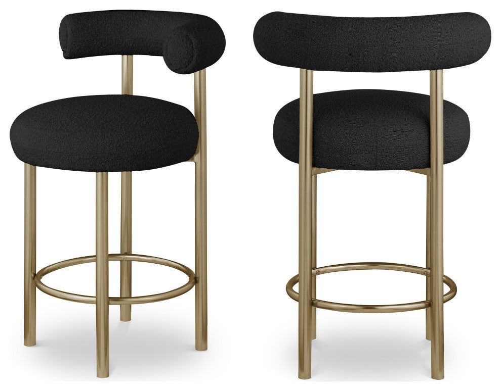 Bordeaux Upholstered Stool, Black, Boucle Fabric, Brushed Brass, Set of 2