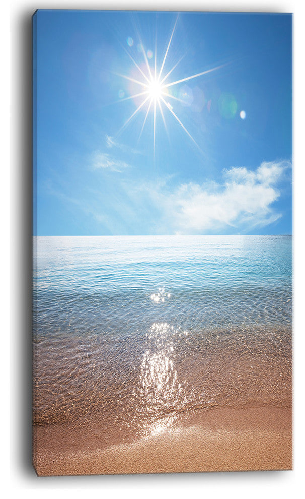 "Serene Seascape With Bright Sun" Modern Beach Canvas Art Print, 16"x32"