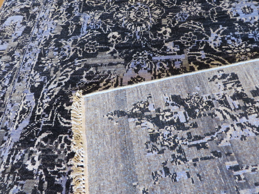 6'4"x10' Hand-Knotted Black Wool and Silk Modern Oriental Rug