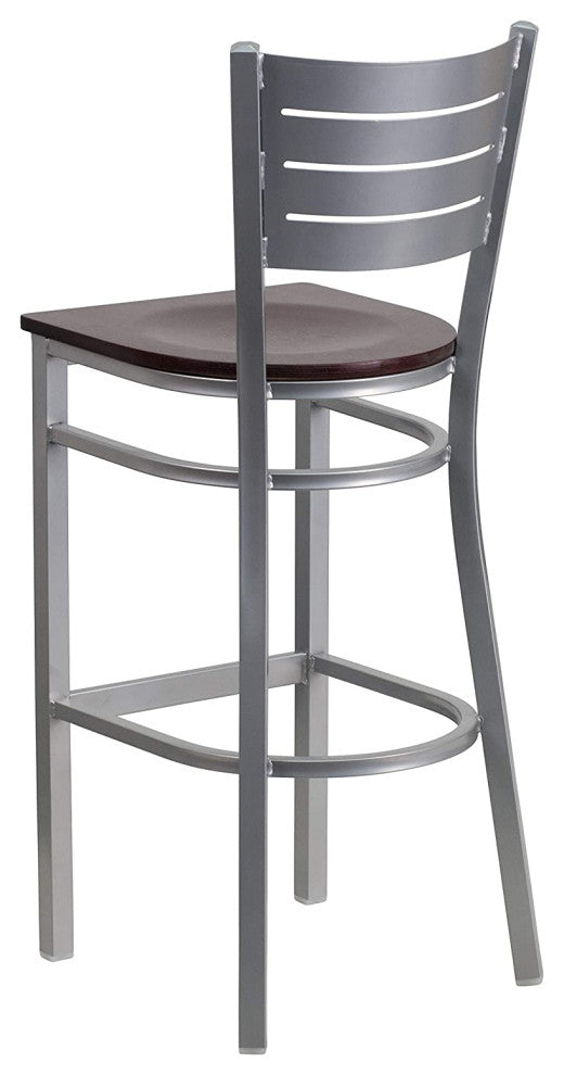 Set of 2 Bar Stool, Silver Metal Frame With Ladder Backrest, Mahogany Wood Seat