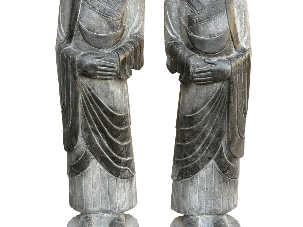 Pair Black Gray Stone Carved Standing Monk Arhat Lohan Statues Hws4335P