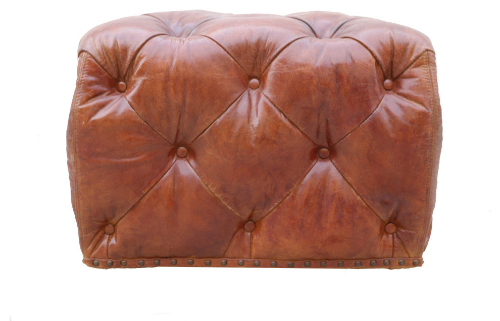 Pasargad Home Paris Club Genuine Leather Tufted Ottoman, Brown