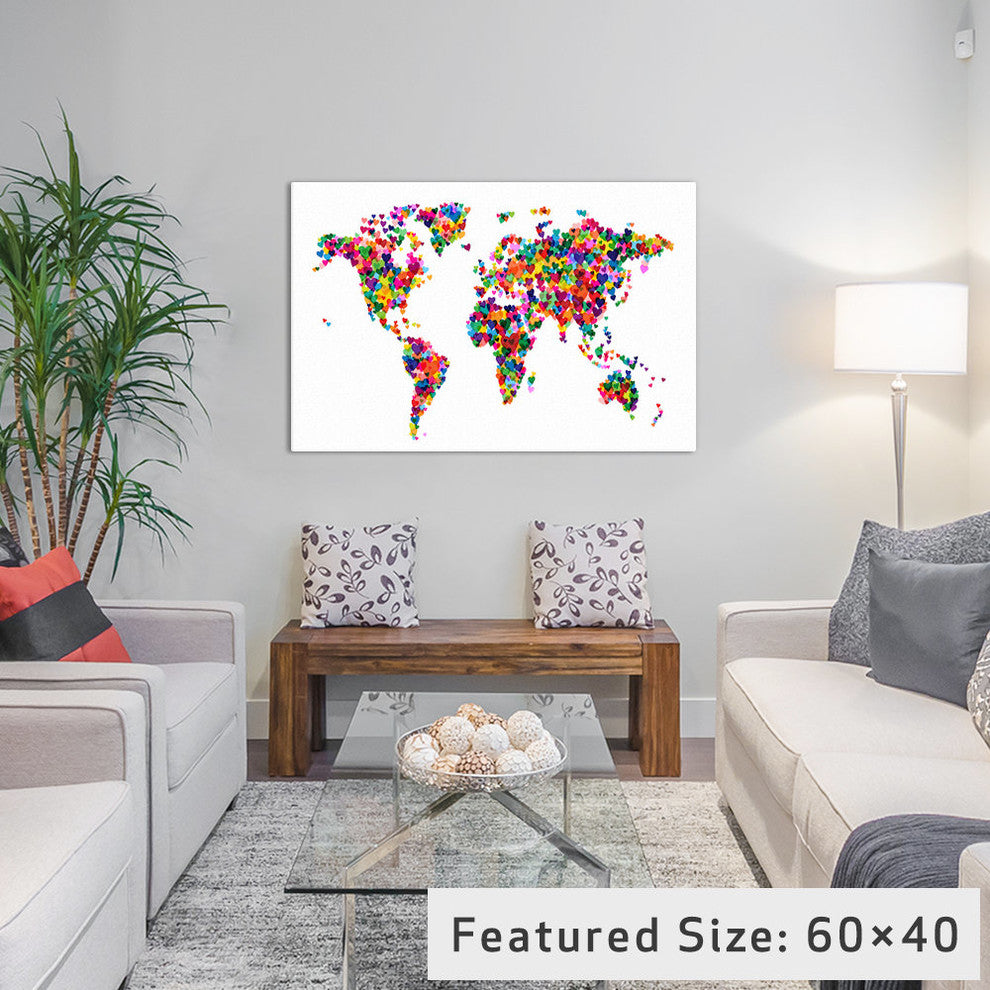 "World Map Hearts, Multicolor" Wrapped Canvas Print, 18x12x1.5