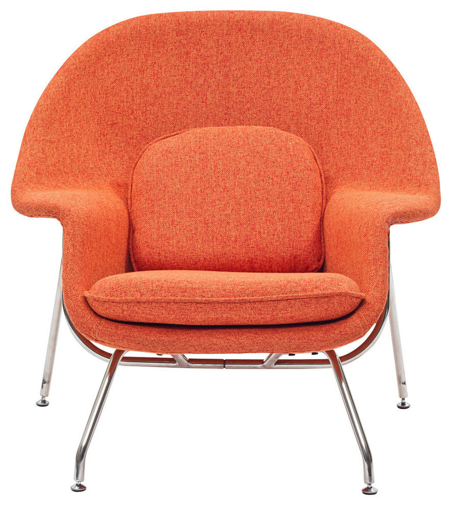 Modern Contemporary Living Room Lounge Chair and Ottoman, Orange Tweed