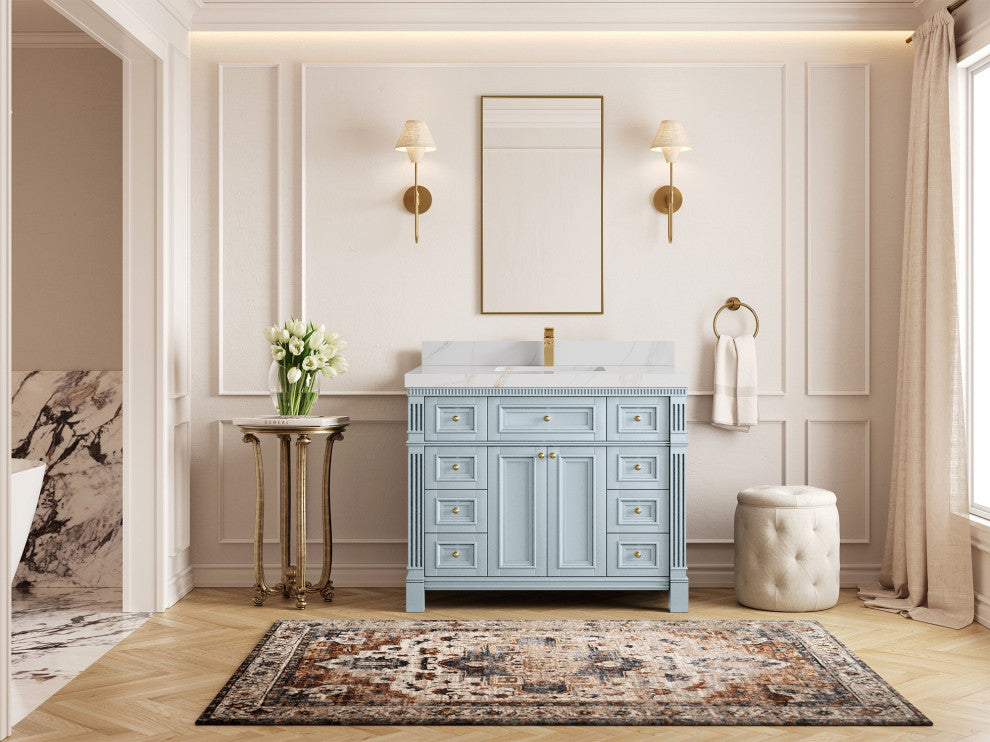 Paris 42" Single Sink Bathroom Vanity, Blue Heather 2" Calacatta Sienna