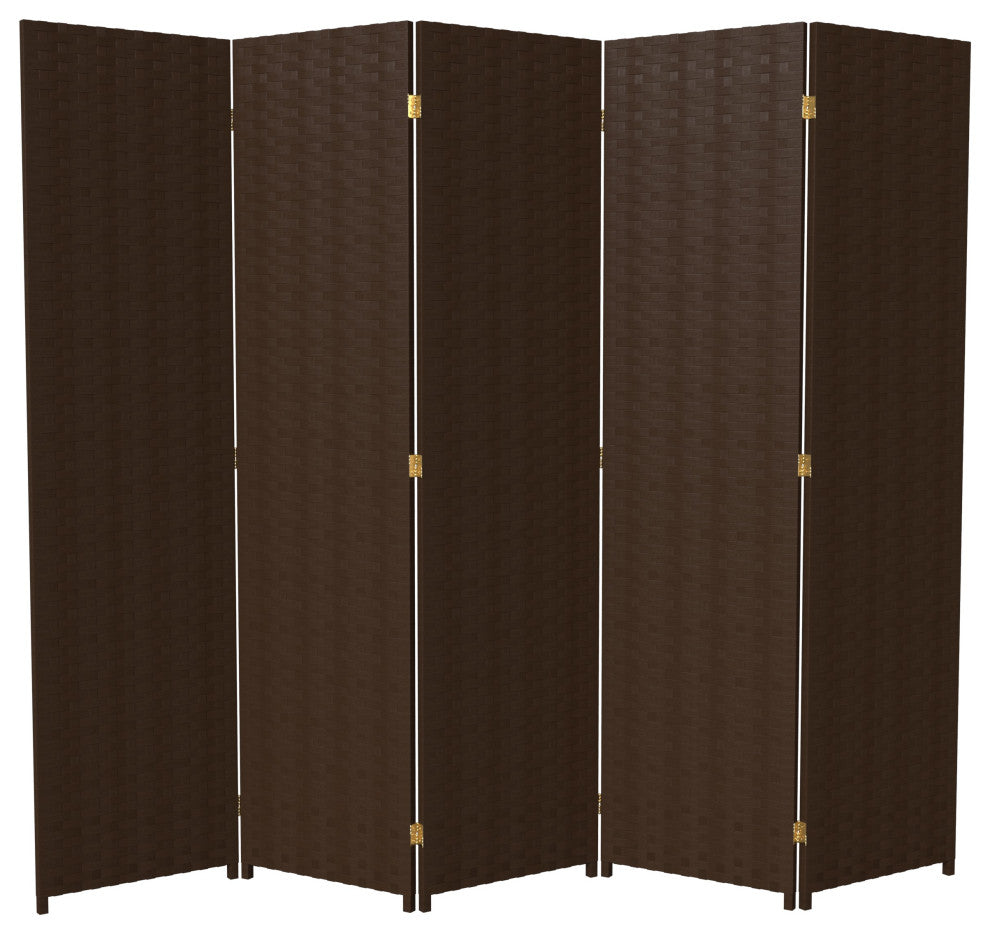 6' Tall Woven Fiber Room Divider, 5 Panel, Dark Mocha