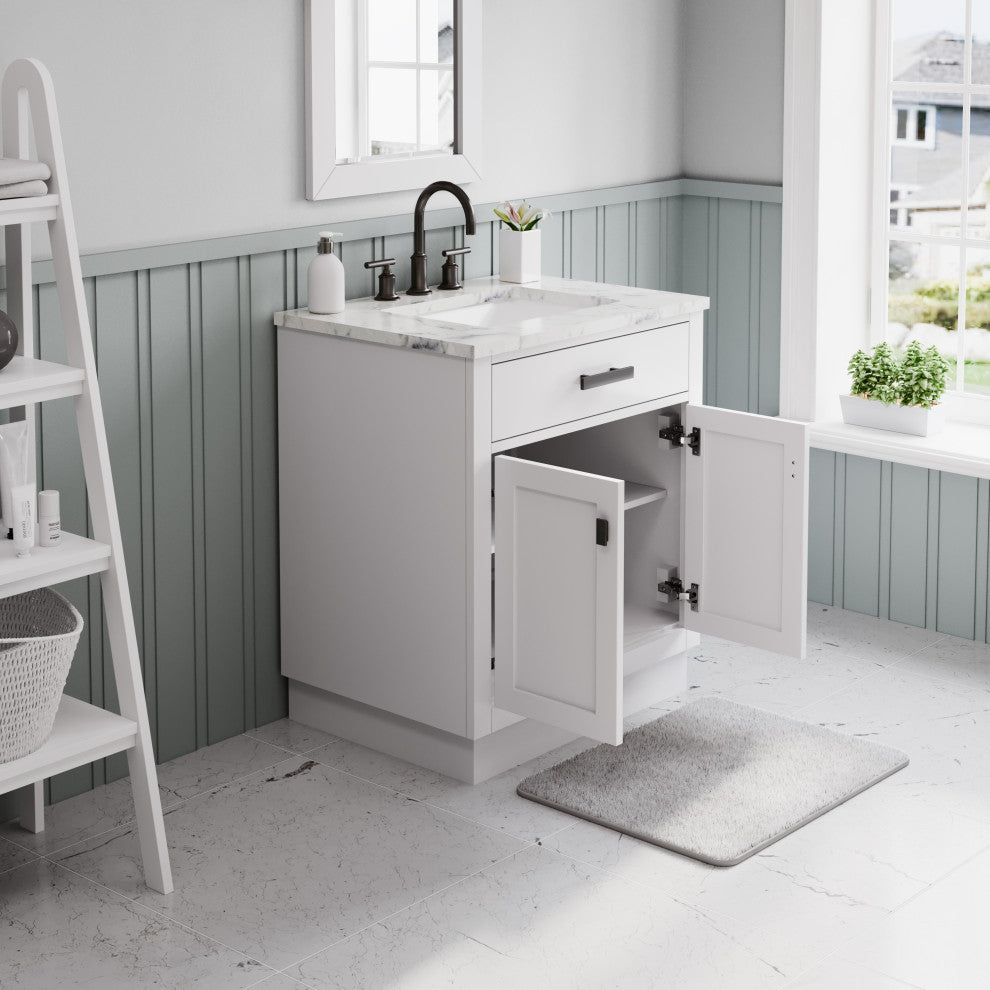 Hartford 30" Single Sink Marble Countertop Bath Vanity, White, Vanity With Mirro