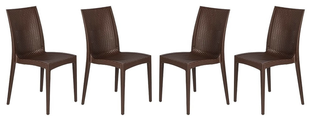 Leisuremod Weave Mace Indoor Outdoor Patio Chair, Set of 4, Brown